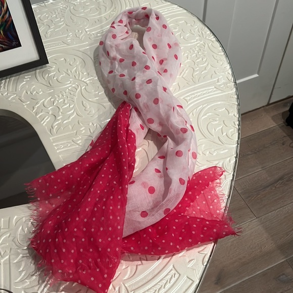Pink and white polka dot semi sheer scarf. - Picture 2 of 3